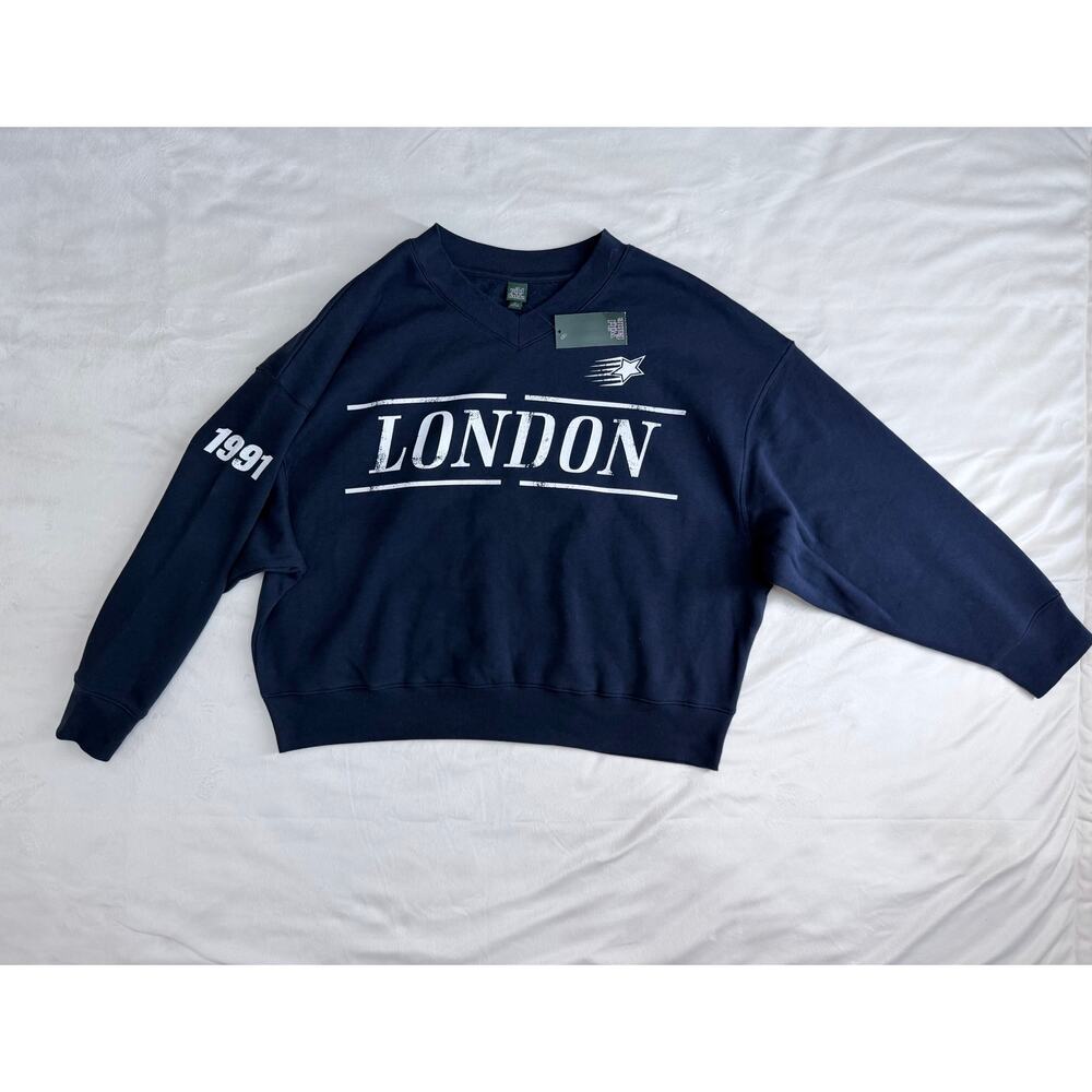 Wild Fable London Graphic Cropped Sweatshirt Navy Blue XL NWT